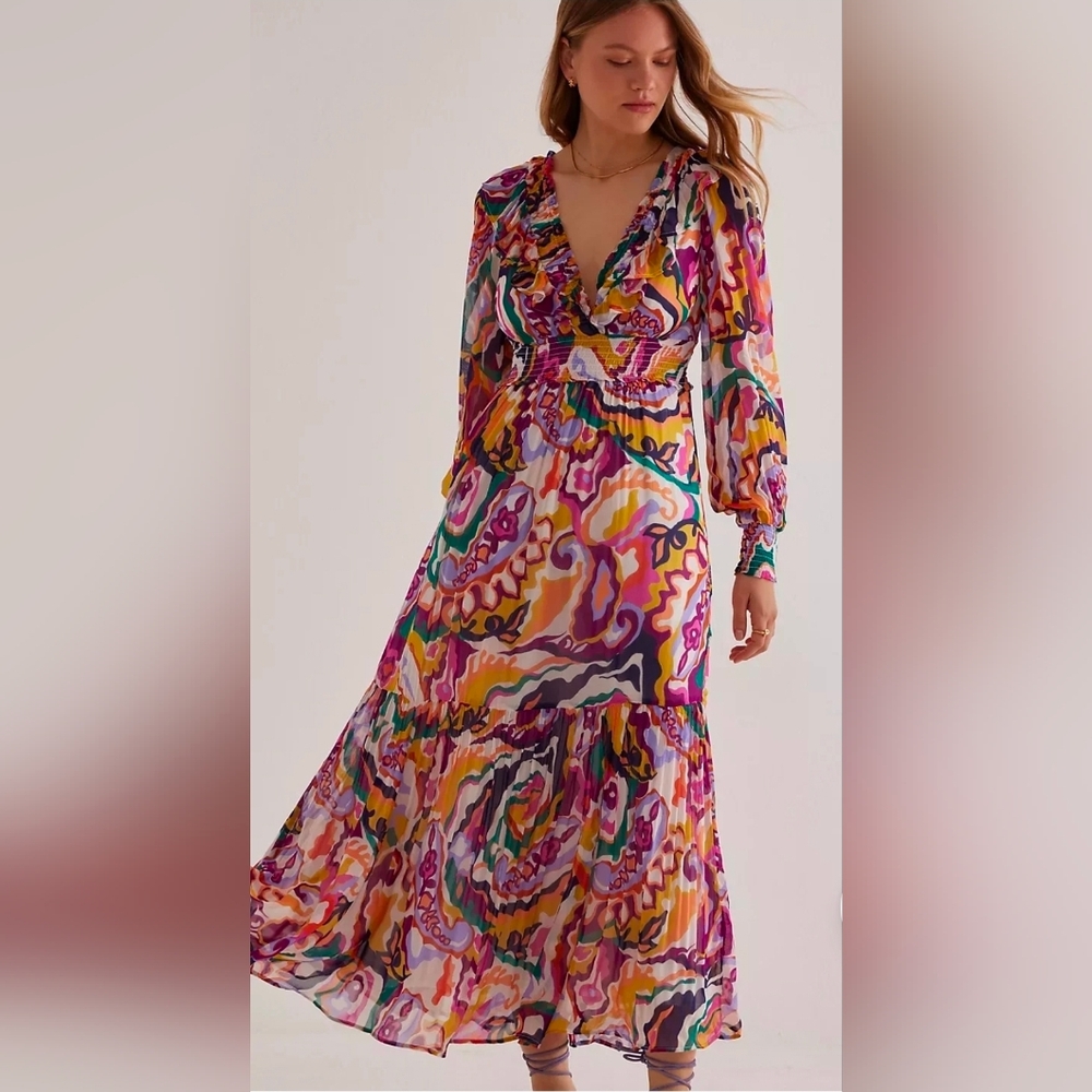 Anthropologie Multicolor Abstract Print Maxi Dress